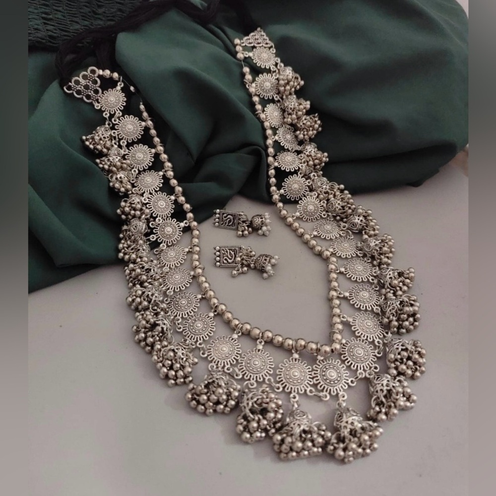 Handmade Silver Plated Indian Long Ghungroo Jhumka Necklace Set